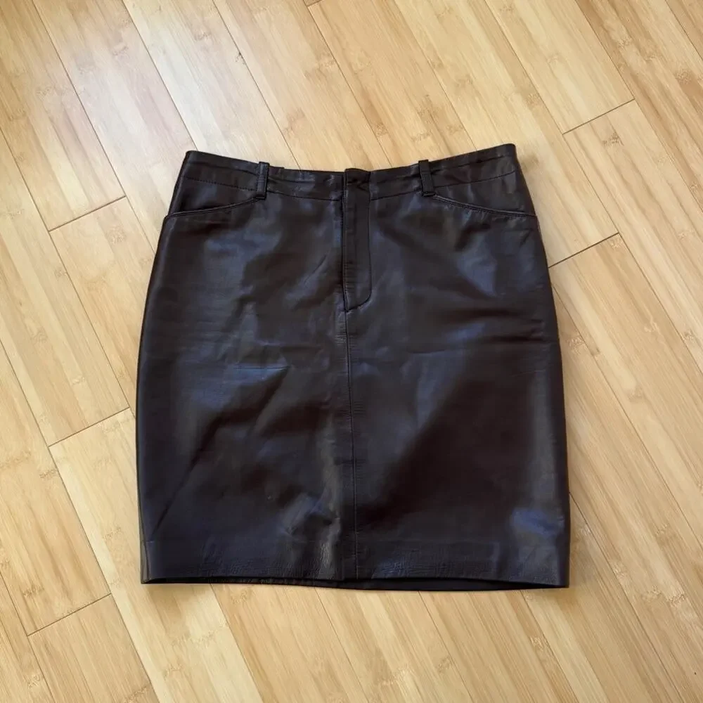 Vintage Ralph Lauren Collection Soft Brown Lamb Leather Pencil Mini Skirt Size 4
